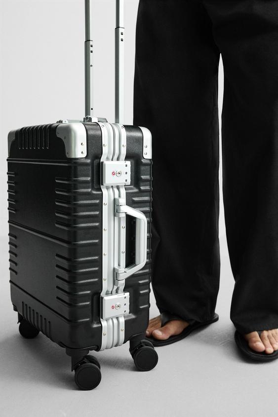 Leather Trim Carry On Luggage, Hard Shell Cabin Trolley Suitcase with Built-in Cup Holder & TSA Security Lock
