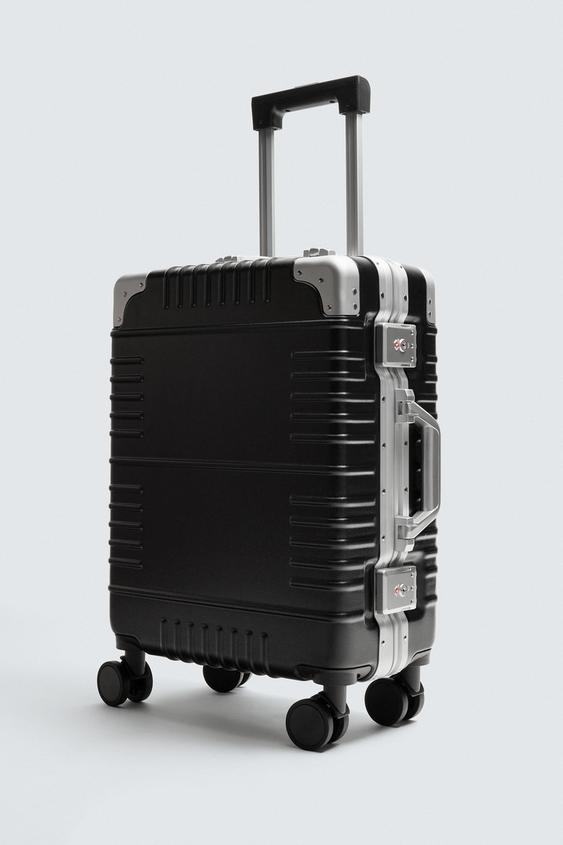 Leather Trim Carry On Luggage, Hard Shell Cabin Trolley Suitcase with Built-in Cup Holder & TSA Security Lock