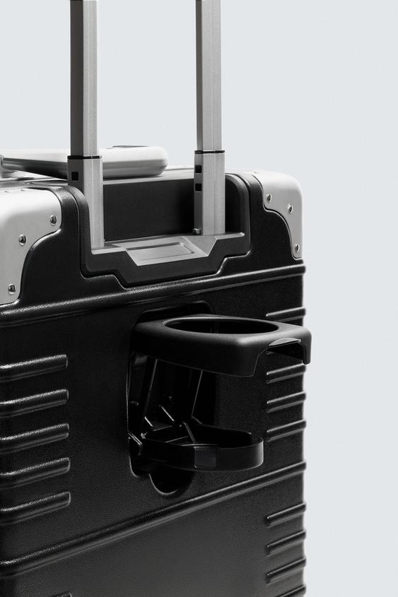 Leather Trim Carry On Luggage, Hard Shell Cabin Trolley Suitcase with Built-in Cup Holder & TSA Security Lock