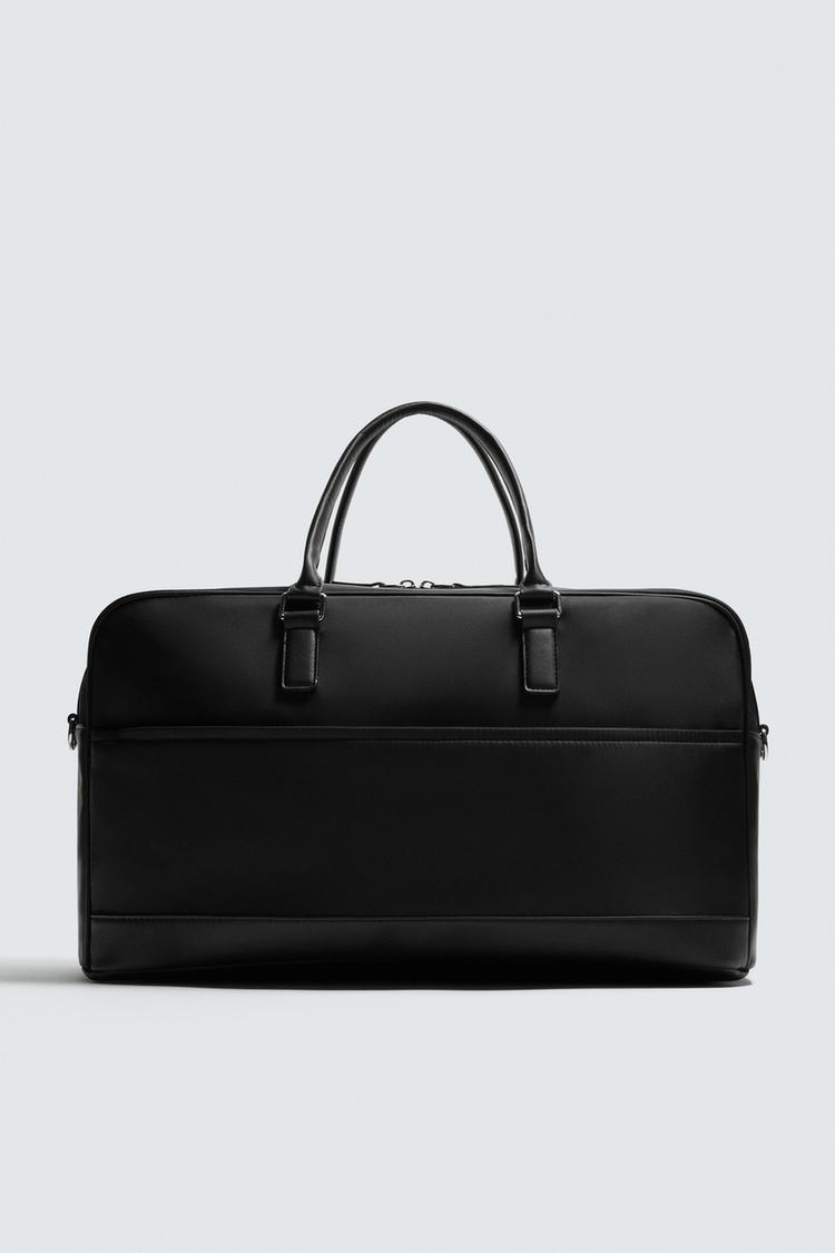 Solid Black Leather Trim Carry On Luggage Weekender Duffle