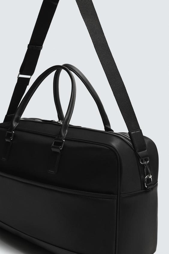 Solid Black Leather Trim Carry On Luggage Weekender Duffle