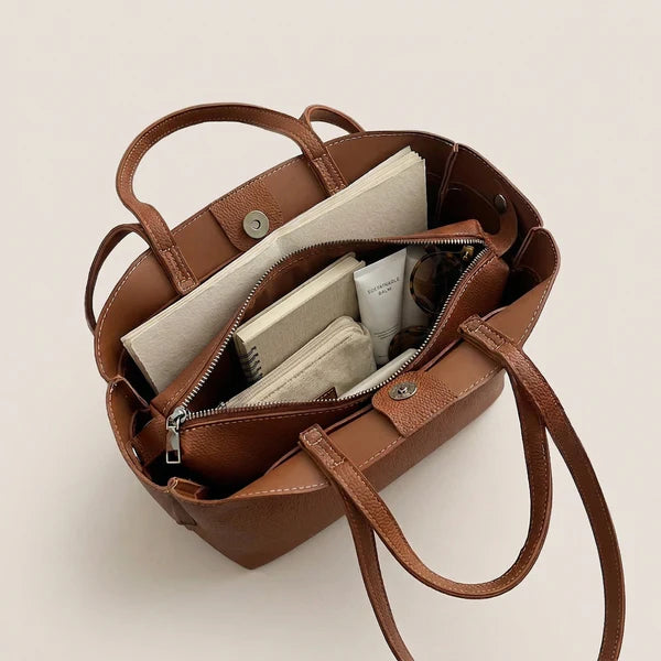 Warm Camel Kelly Style Dual Handle Tote Bag, Matching Detachable Leather Zipper Pouch, Dual-Length Leather Shoulder Fittings Magnetic Snap Daily Carryall