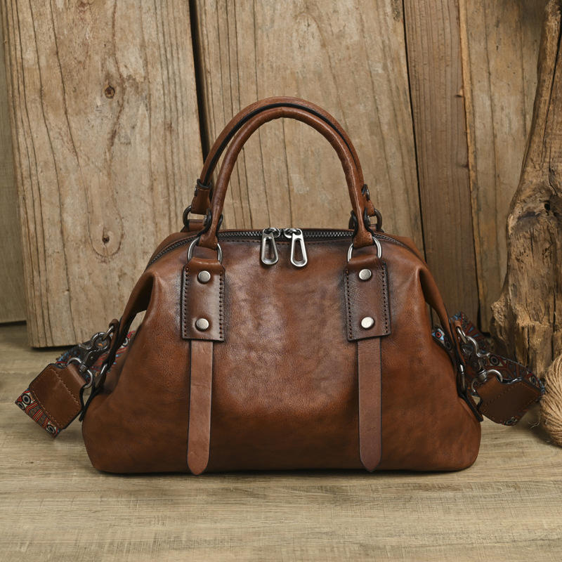 Brown & Black Birkin Style Dumpling Crossbody Bag, Detachable Leather Single Strap Waterproof Daily Shoulder Purse