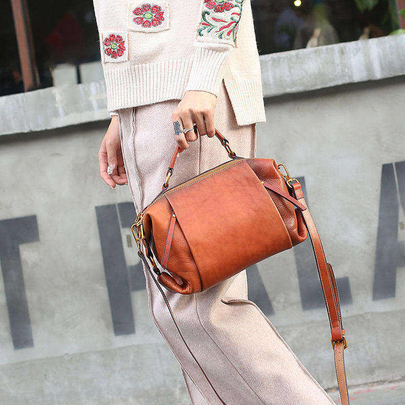 Birkin Style Minimal Leather Crossbody Bag, Single Strap Zip Closure Daily Carry Purse