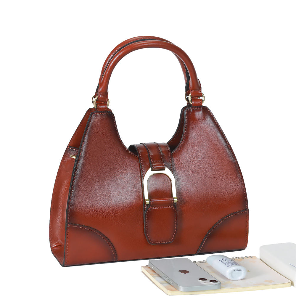 Caramel Birkin Style Hobo Handbag, Dual Leather Top Handles Metal Buckle Shoulder Tote, Convertible Crossbody Purse