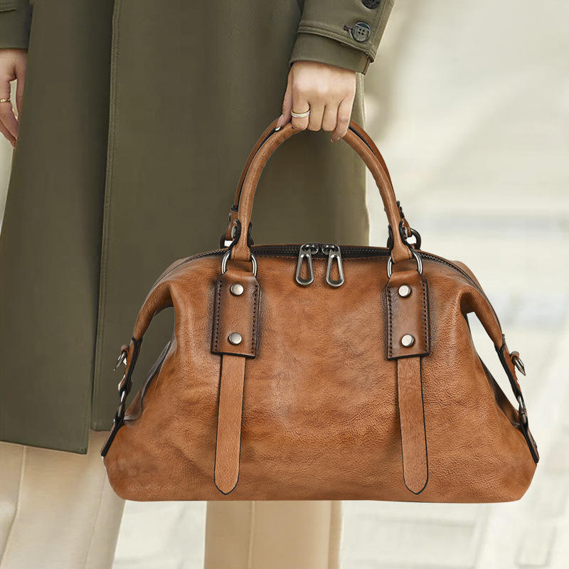 Brown & Black Birkin Style Dumpling Crossbody Bag, Detachable Leather Single Strap Waterproof Daily Shoulder Purse