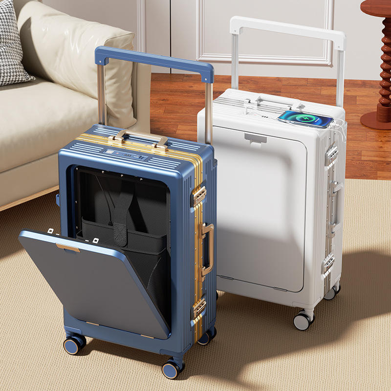 Custom Color Carry On Luggage,Front Open Cabin Trolley Case with External USB Charging Slot